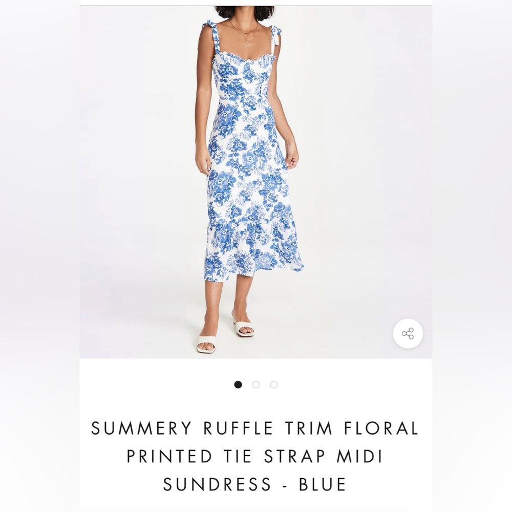 Summery Ruffle Trim Floral Printed Tie Strap Midi Sundress - Blue